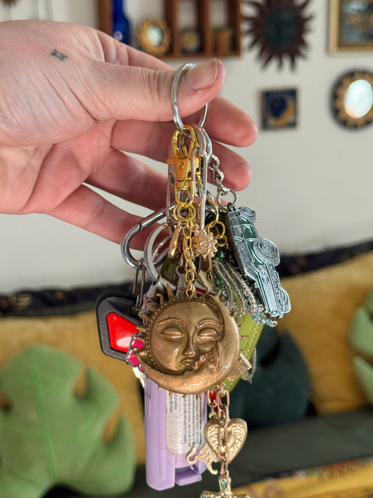 Handmade Celestial Sun & Moon Keychain – Vintage Style Gold Bag Charm