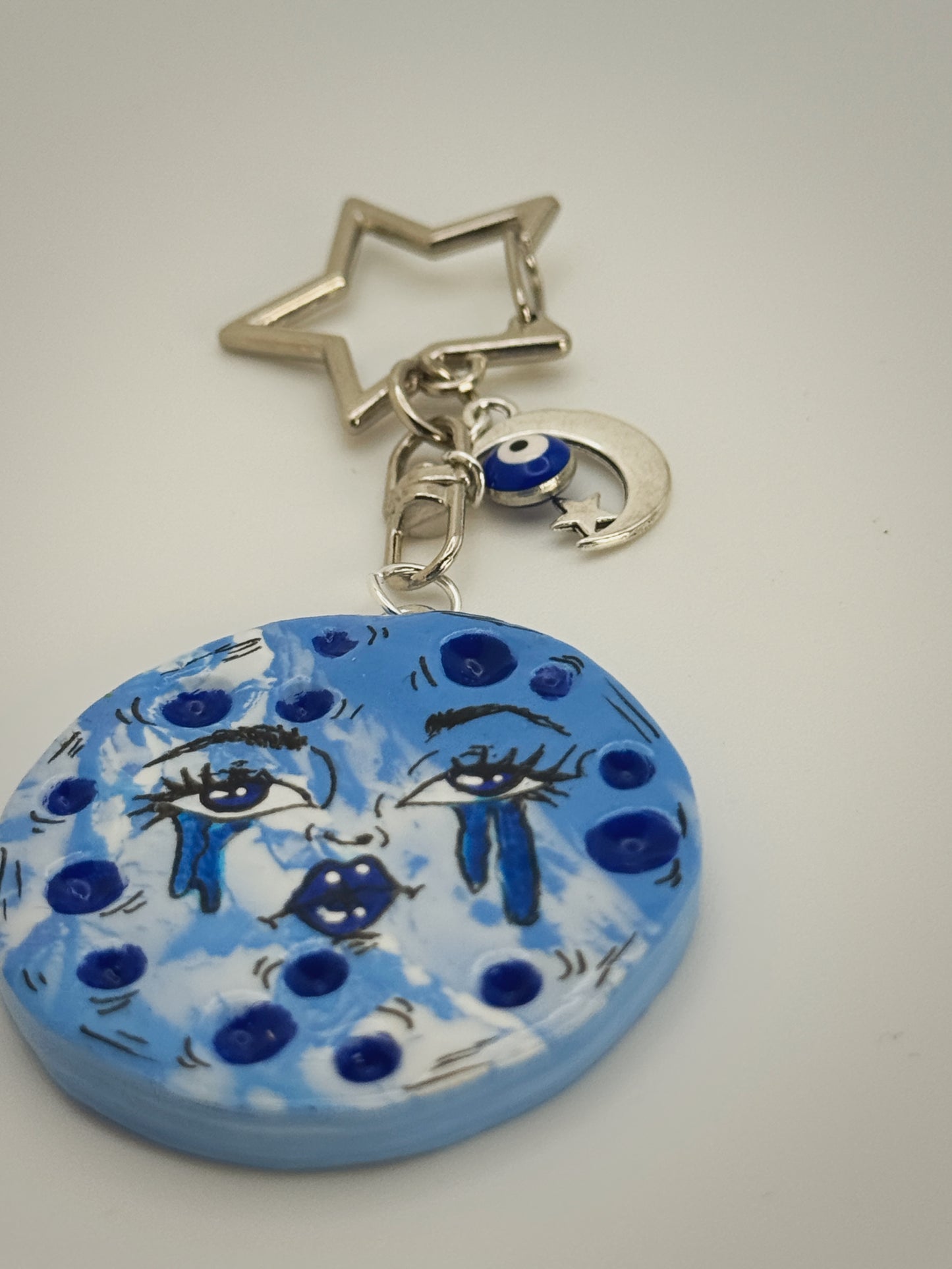 Sad Girl Moon Keychain – Handmade Polymer Clay Bag Charm