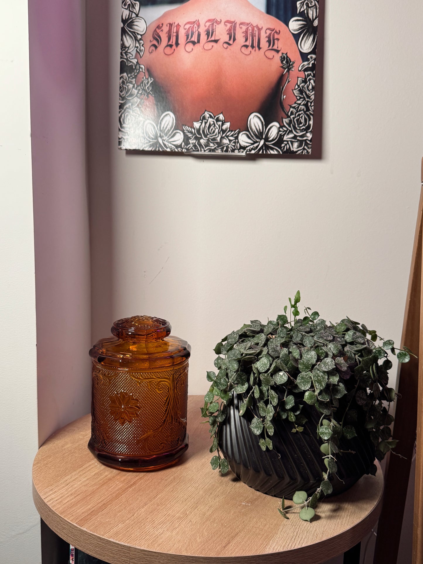 Vintage Amber Glass Lidded Canister Jar • Floral Pressed Glass • Heavy Indiana-Style Storage Jar