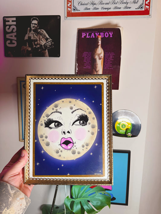 Whimsical Moon Face Art Print – 5×7 Celestial Illustration (Unframed)