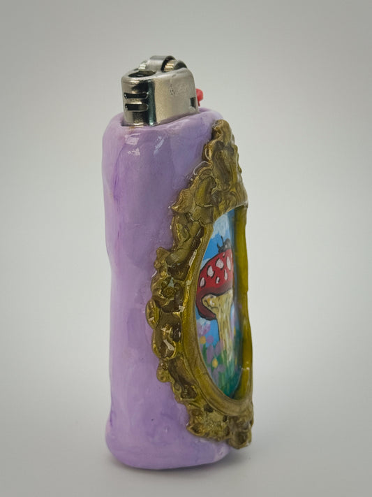 Vintage Frame Snail on Mushroom Lighter Case| Fits Standard Bic | Handmade Polymer Clay Art