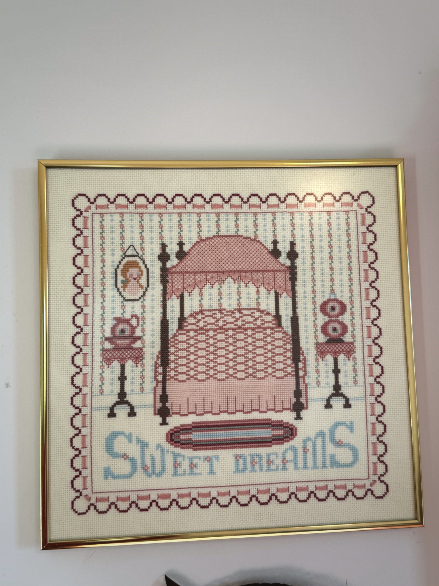 Vintage Framed Cross-Stitch (Needlepoint-Style) Wall Art – “Sweet Dreams” – 13” x 13”