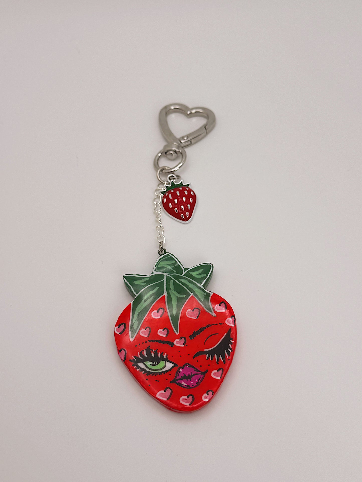 Winking Strawberry Bag Charm – Silver Heart Clip with Hand-Painted Strawberry & Charms