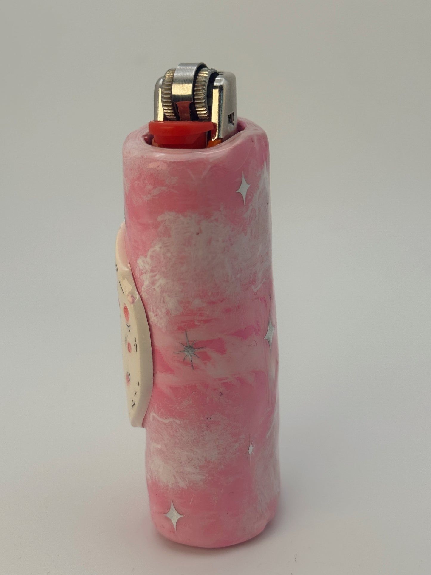 Handmade Smoking Moon Polymer Clay Lighter Case – Pink Celestial Bic Cover
