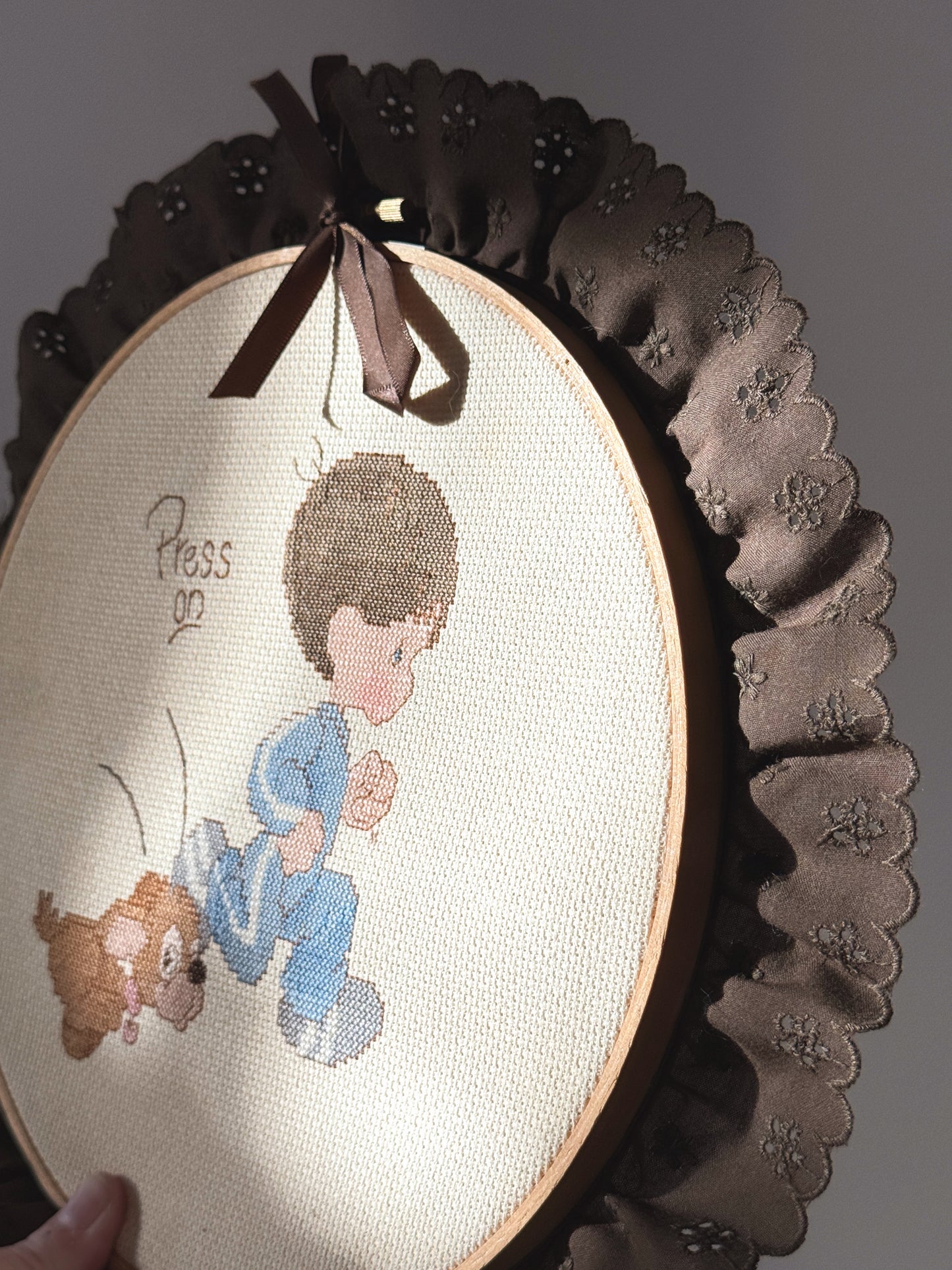 Vintage Nursery Cross Stitch Wall Hanging | Boy & Puppy | Framed Embroidery Hoop