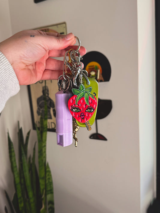 Sassy Strawberry Keychain — Hand-Painted Strawberry Face Charm