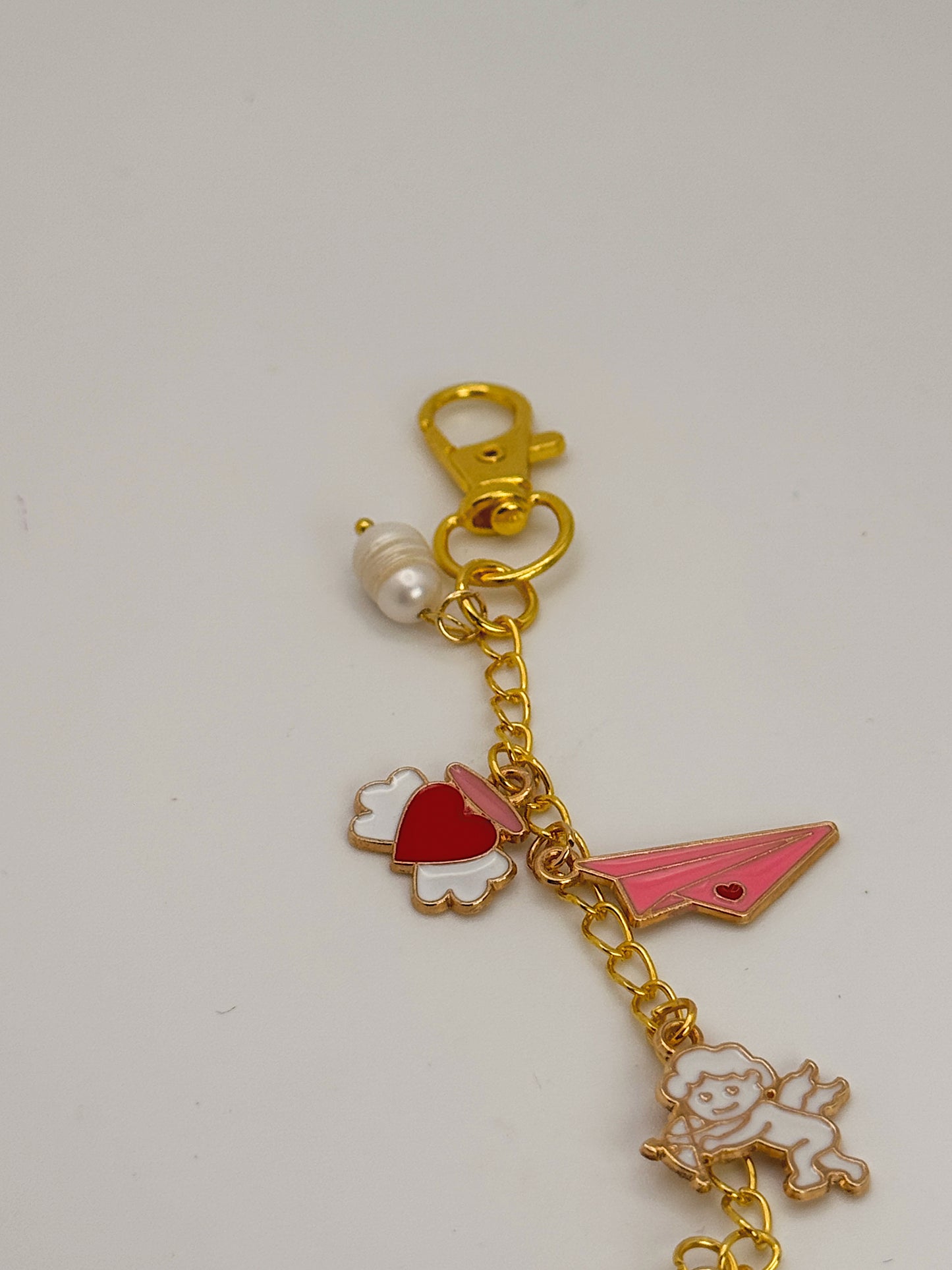 Cupid Love Bag Charm with Heart Clip – Gold Chain Charm with Pearls, Key & Valentine Enamel Charms
