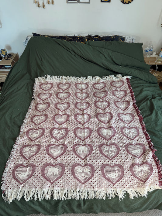 Vintage Heart Tapestry Throw Blanket – Woven Jacquard Cottagecore Fringe 50x45