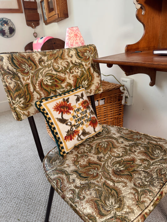 Vintage Needlepoint Sunflower Pillow – “May All Your Dreams Come True” – 9x9