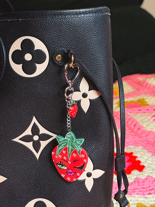 Winking Strawberry Bag Charm – Silver Heart Clip with Hand-Painted Strawberry & Charms