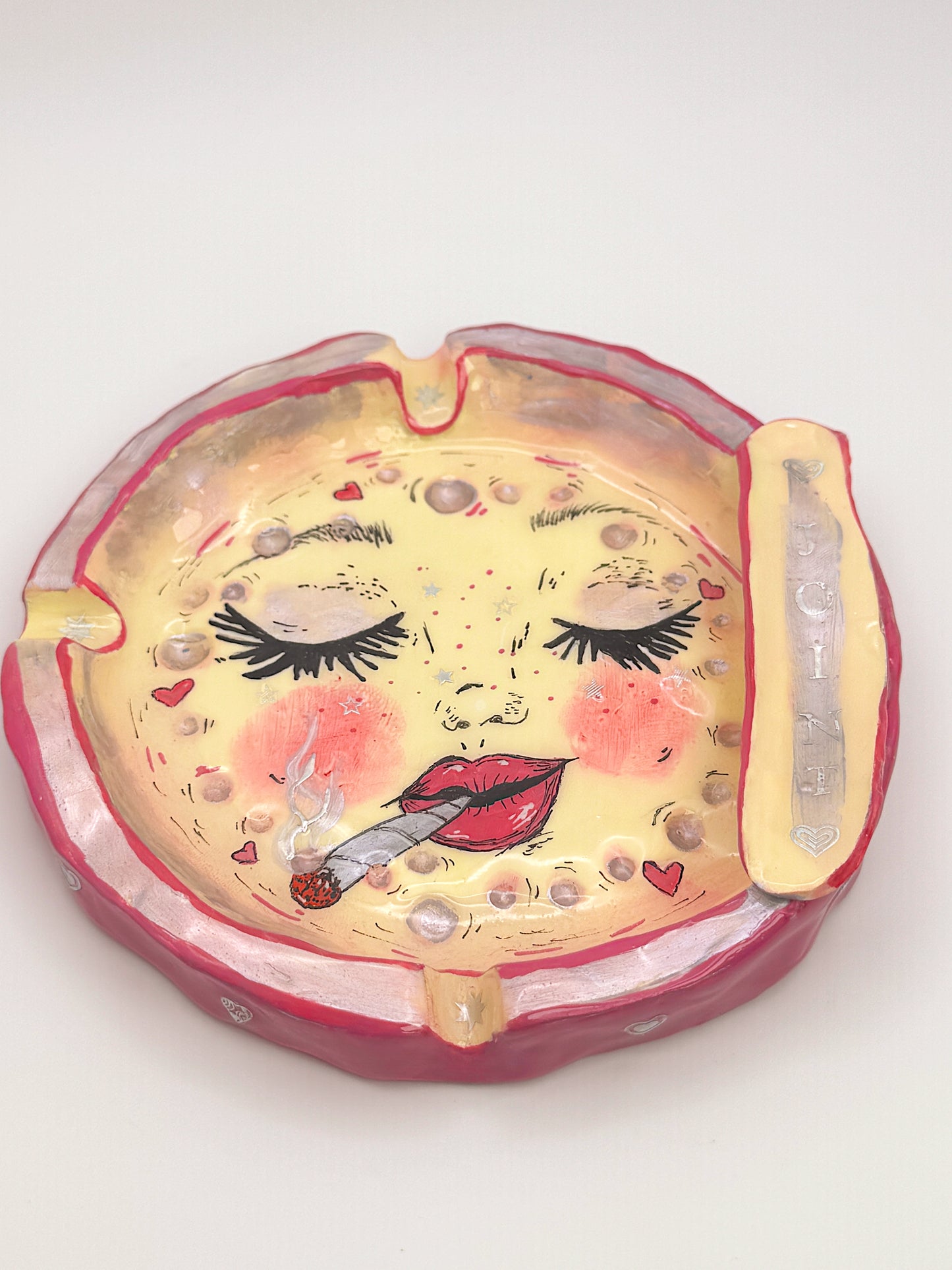 Pink Smoking Moon Ashtray – Hand-Painted Celestial Moon Dish (5.5”)