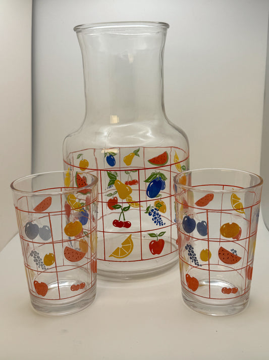Vintage Fruit Glass Pitcher & Juice Glass Set – Retro Kitchen (3 Pieces)