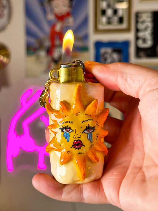Sad Girl Sun Lighter Case w/ Charm | Fits Standard Bic | Handmade Polymer Clay Art