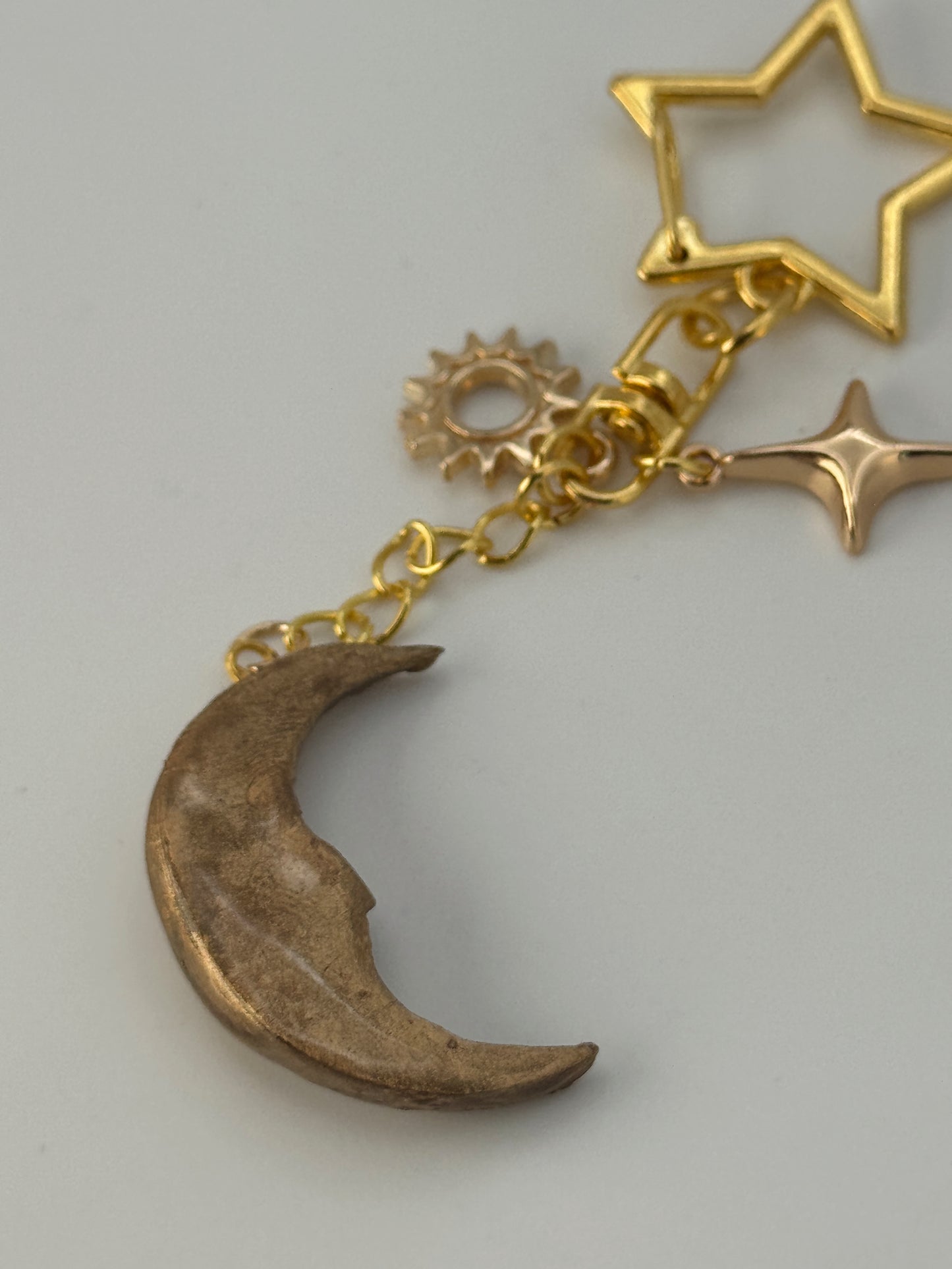 Celestial Crescent Moon Bag Charm β Gold Sun & Star Keychain β Handmade Polymer Clay Statement Charm