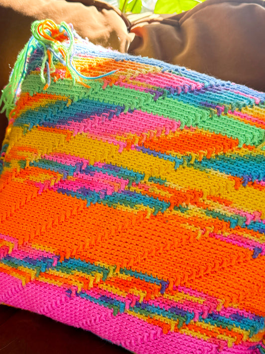 Vintage Handmade Crochet Pillow – Colorful 70s Boho Fringe Cushion