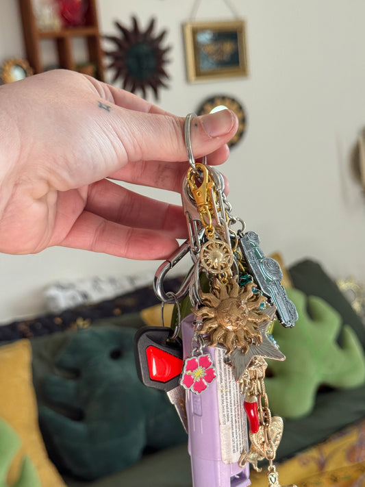 Celestial Sun Bag Charm – Gold Sun & Moon Keychain – Vintage-Inspired Whimsigoth Charm