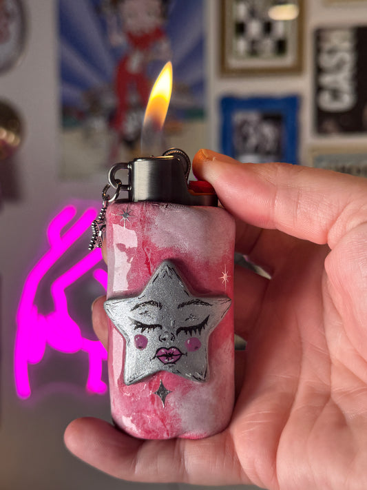 Pink Celestial Star Lighter Case w/ Charm | Fits Standard Bic | Handmade Polymer Clay Art