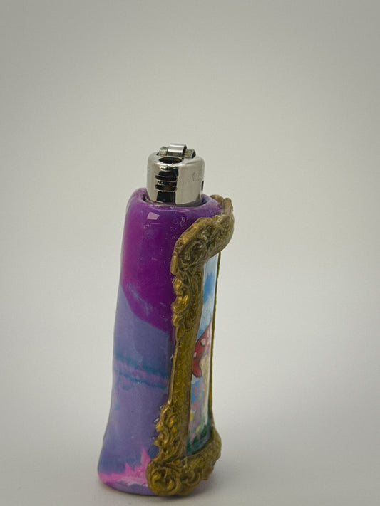 Vintage Frame Snail on Mushroom Lighter Case| Fits Standard Bic | Handmade Polymer Clay Art