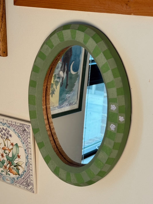 Vintage Green Gingham Oval Wall Mirror – Hand Painted Cottage Decor – 11”