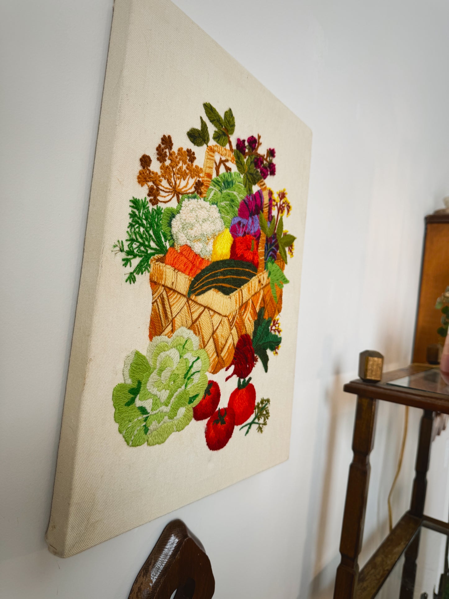 1980 Creative Circle Completed Crewel – "Vegetable Basket" Harvest Wall Art