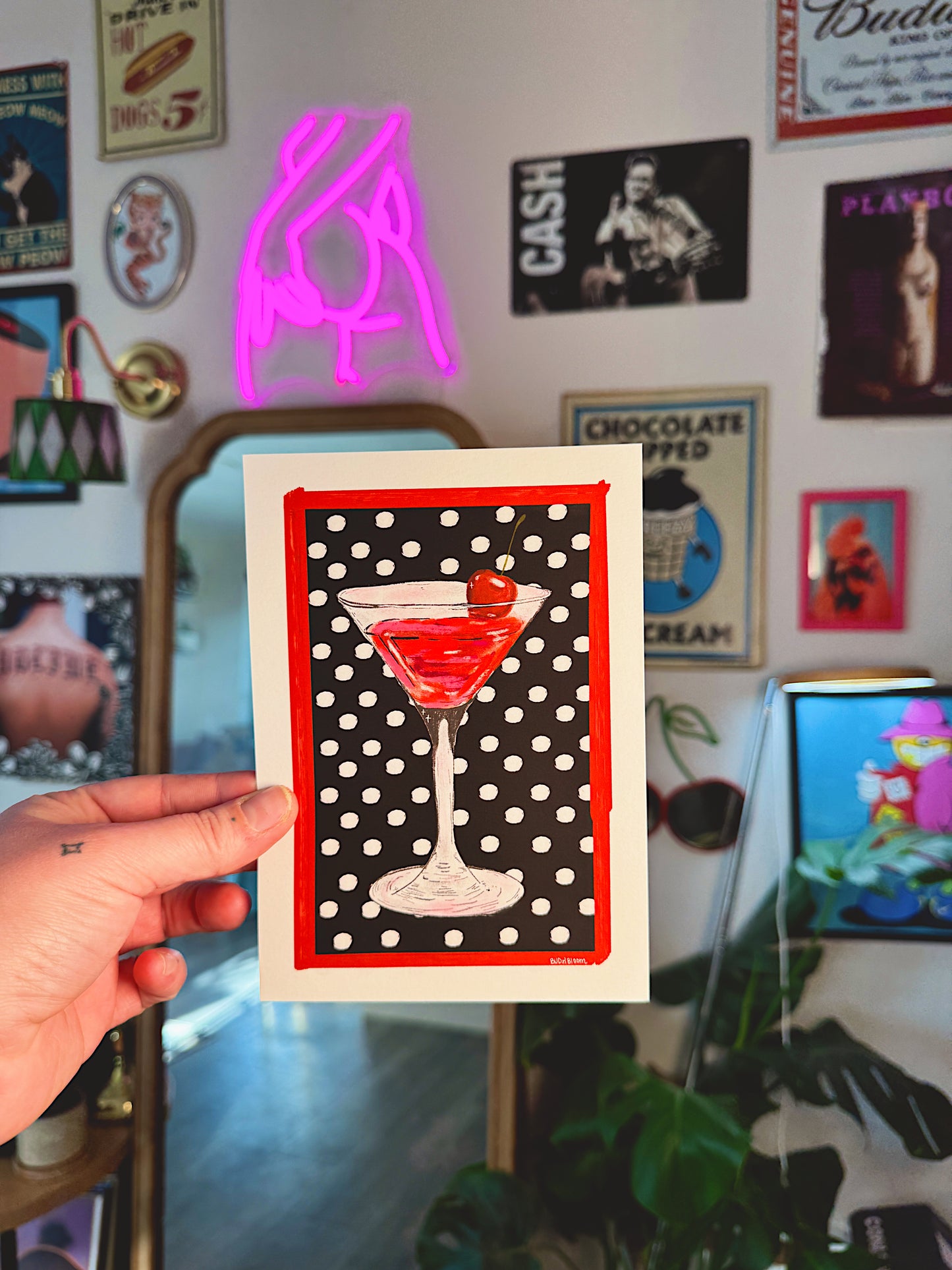 Cosmo Martini Art Print – 5x7 Cocktail Illustration with Polka Dots (Unframed)