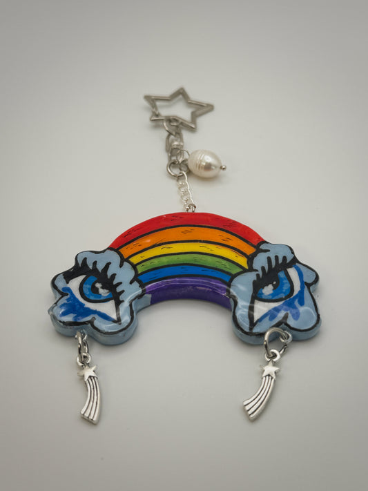 Crying Rainbow Bag Charm (Silver) | Handmade Polymer Clay Key Chain