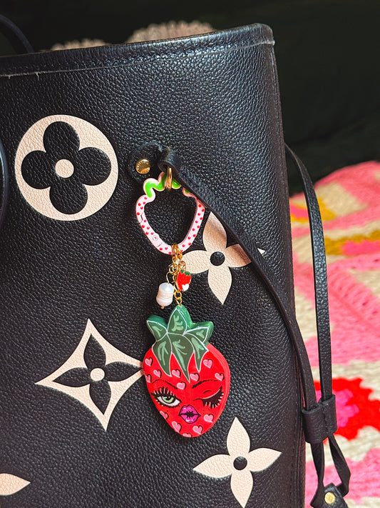 Winking Strawberry Bag Charm – Handmade Strawberry Keychain with Heart Clip