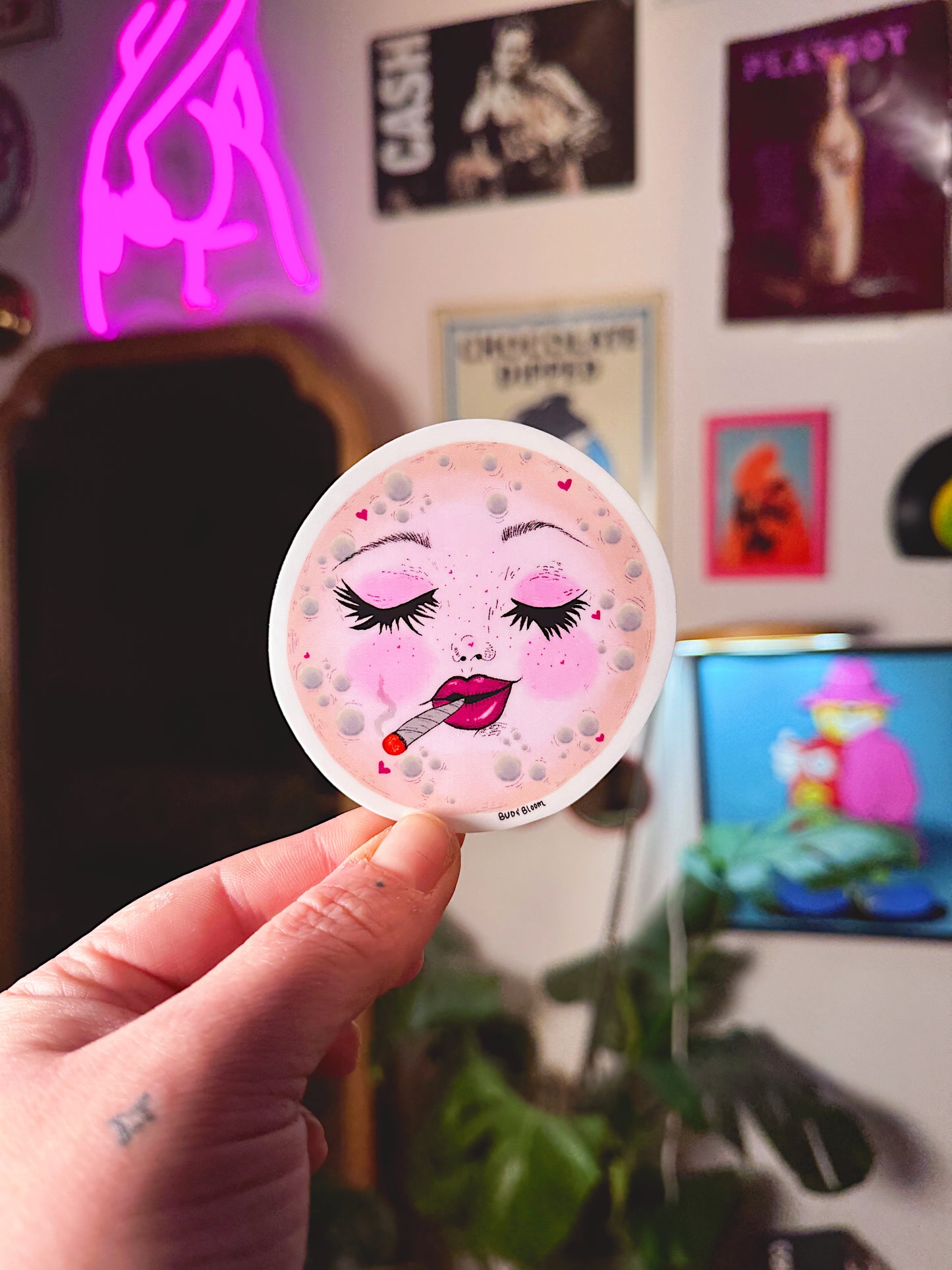 Smoking Moon Vinyl Sticker | Whimsical Celestial Moon Art