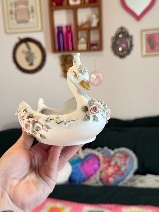 Vintage Hand-Painted Swan Jewelry Dish with Floral Details