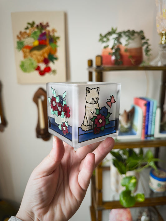Vintage Frosted Glass Cat Votive Holder – Stained Glass Style Tea Light Cube