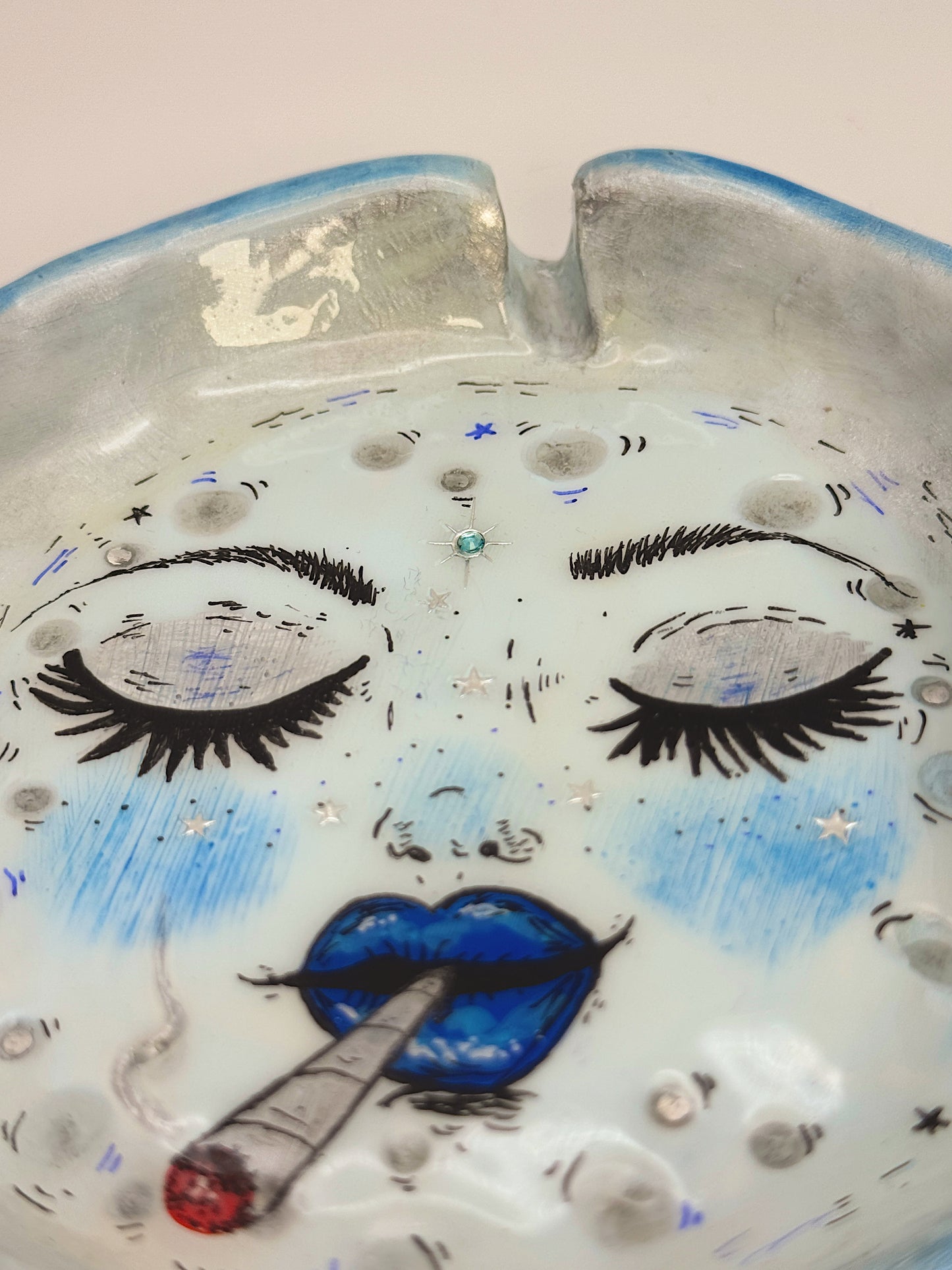 Blue Smoking Moon Ashtray – Hand-Painted Celestial Moon Dish (5.5”)