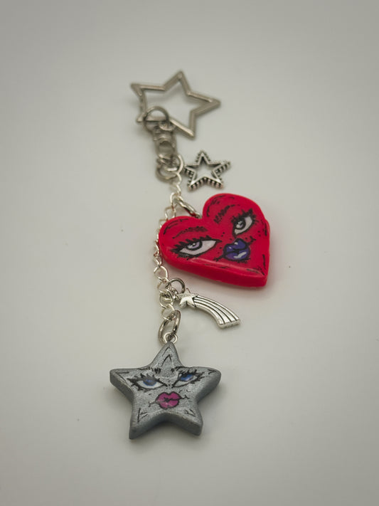 Sassy Star & Heart Bag Charm | Handmade Polymer Clay Key Chain