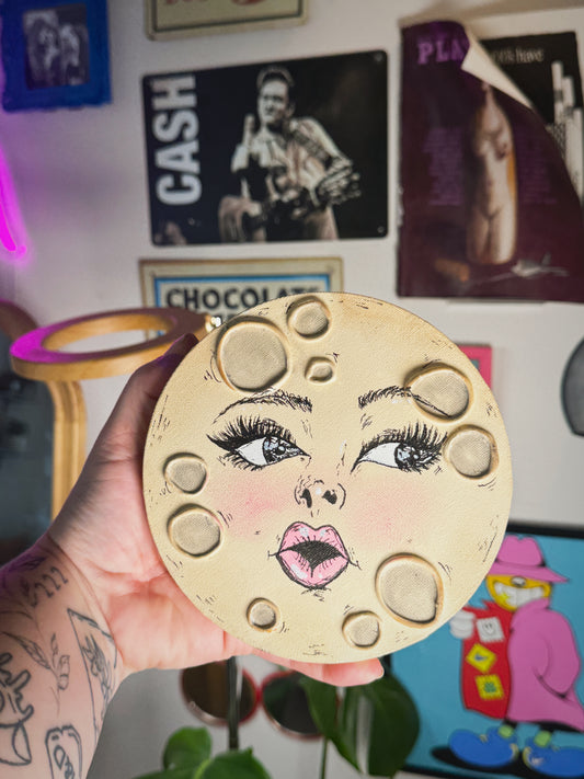 Miss Moon – Hand-Painted Moon Face Wall Art (6” Textured Canvas)