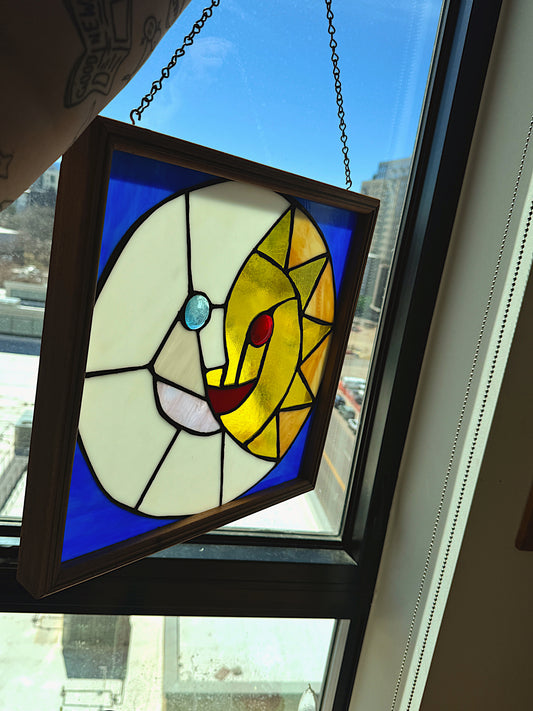 Vintage 15" Celestial Sun and Moon Stained Glass Window Panel - Heavy Leaded Glass