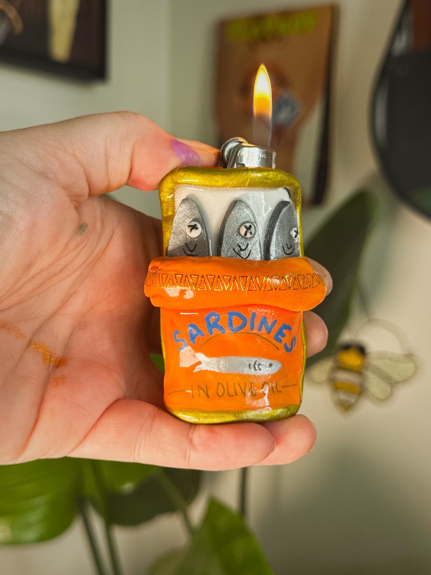 Sardine Tin Lighter Case| Fits Standard Bic | Handmade Polymer Clay Art