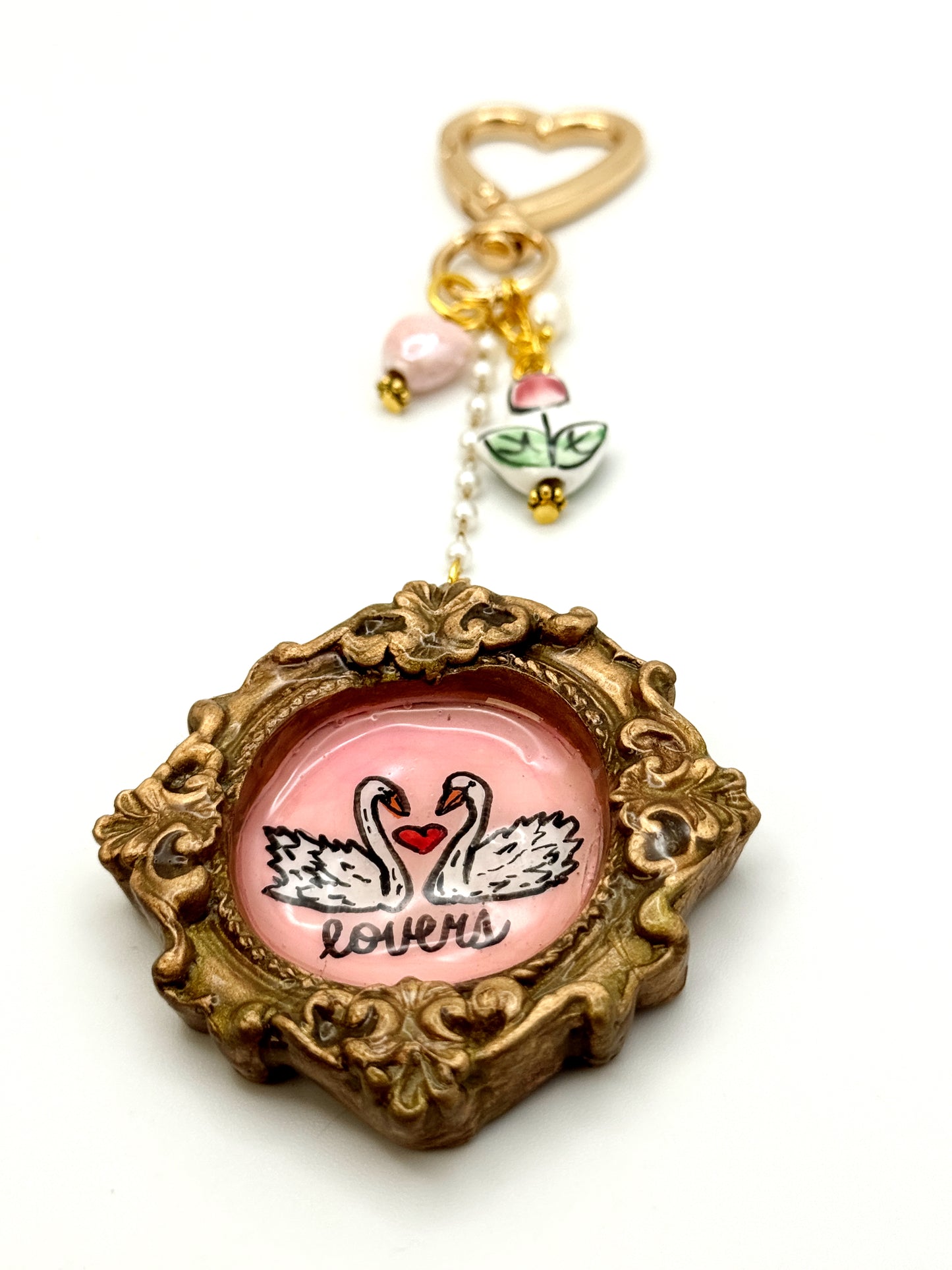 Vintage Heart Swan Bag Charm – Ornate Oval Frame Keychain with Handmade Details