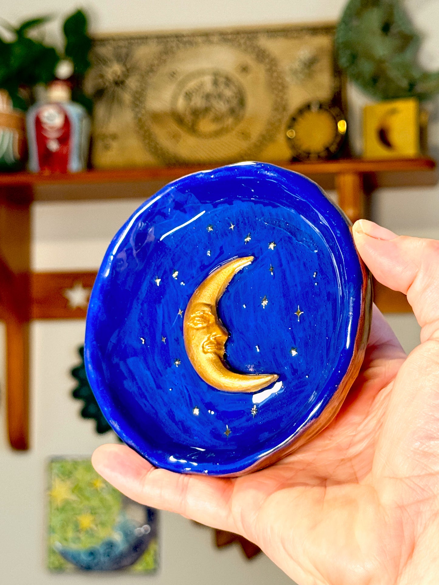 Handmade 90s Celestial Moon Trinket Dish – 4.5” Polymer Clay Starry Night Dish – Blue & Gold Jewelry Dish