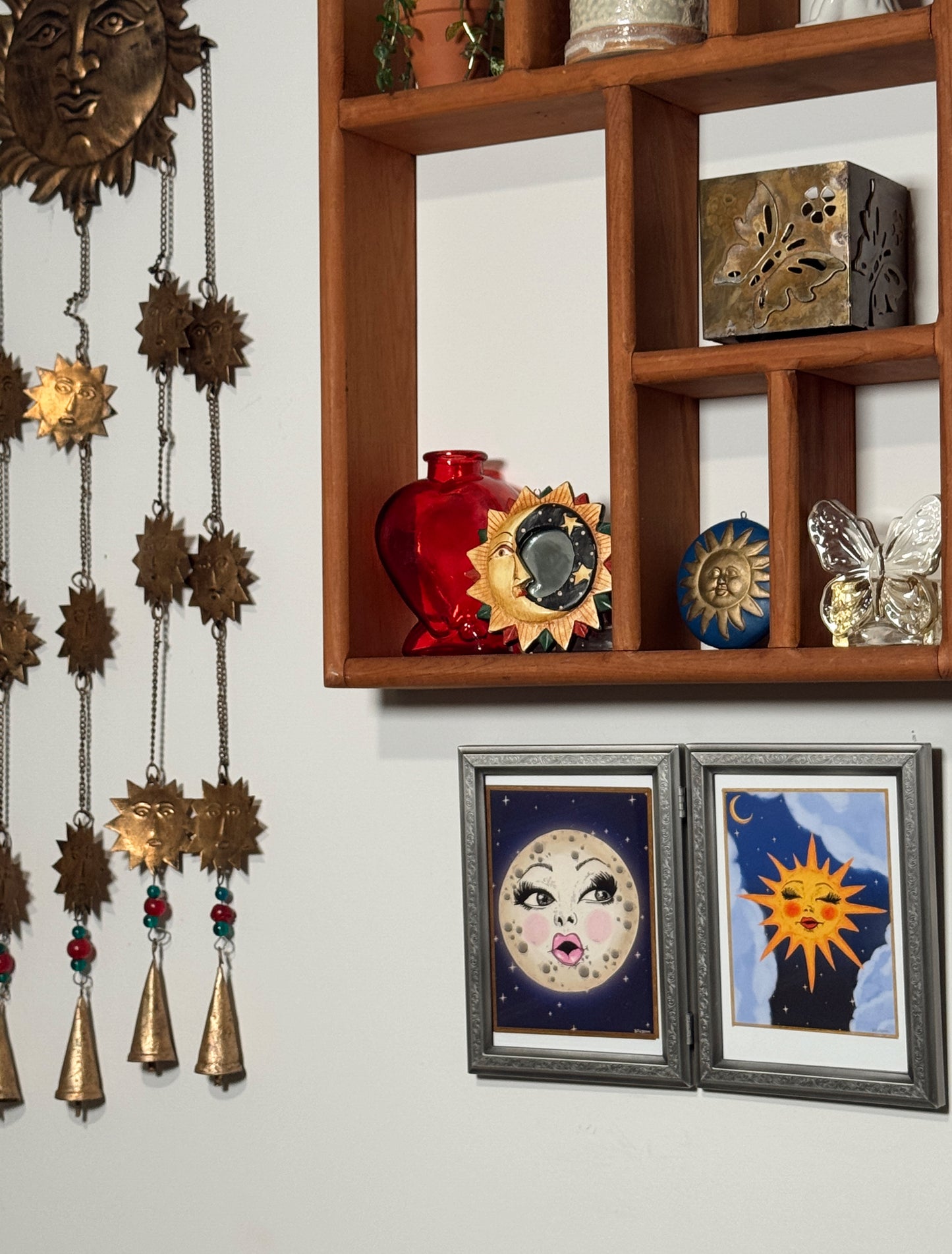 Vintage Hinged Double Frame with Sun & Moon Art Prints – Celestial Wall or Table/Shelf Display