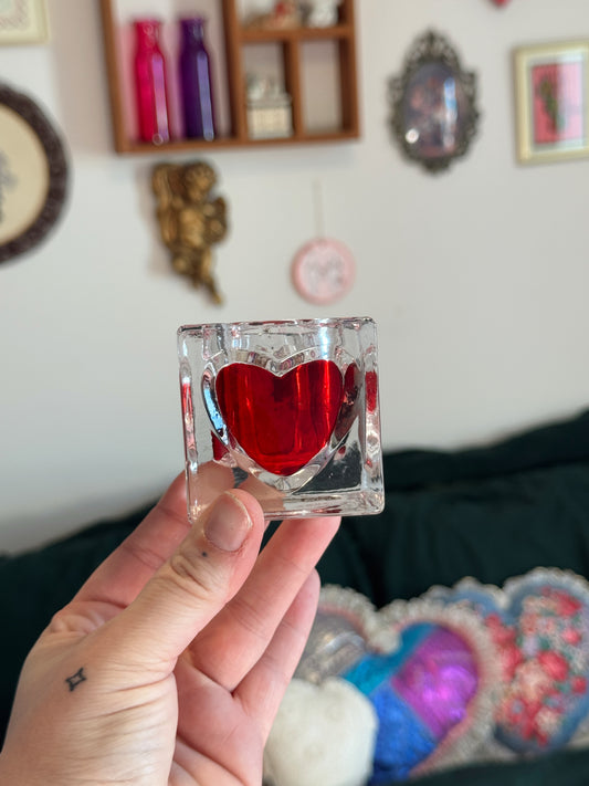 Vintage Glass Heart Tea Light Holder – Heavy Clear Glass Valentine’s Candle Décor