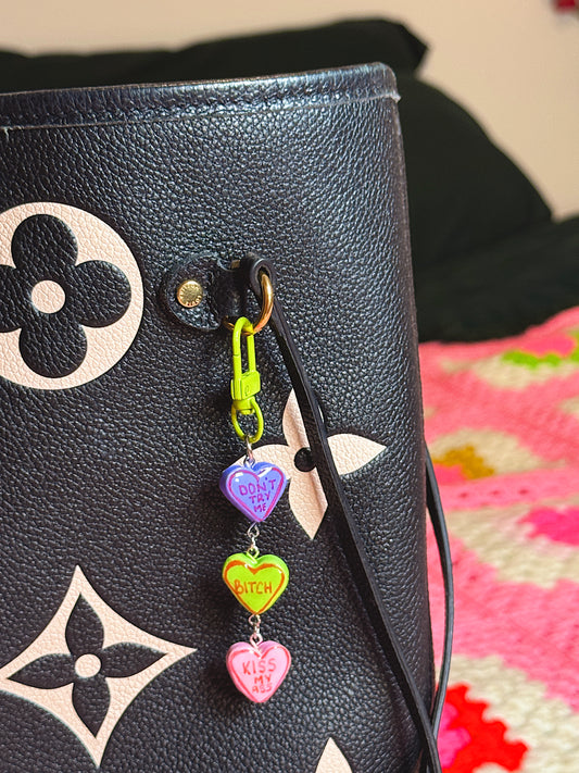 Sassy Conversation Hearts Bag Charm – Green Clip with Bold Statement Heart Charms