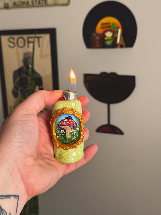 Mushroom Snail Lighter Case – Hand-Painted Woodland Scene with Vintage Frame