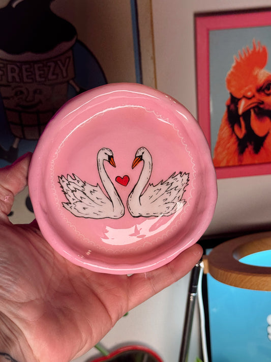 Pink Swan Love Trinket Dish – Hand-Painted Polymer Clay Jewelry Catchall (4.5”)