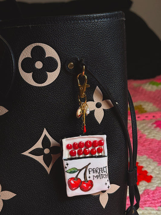 Perfect Match Matchbox Bag Charm – Handmade Cherry Matchbox Keychain with Match Charm