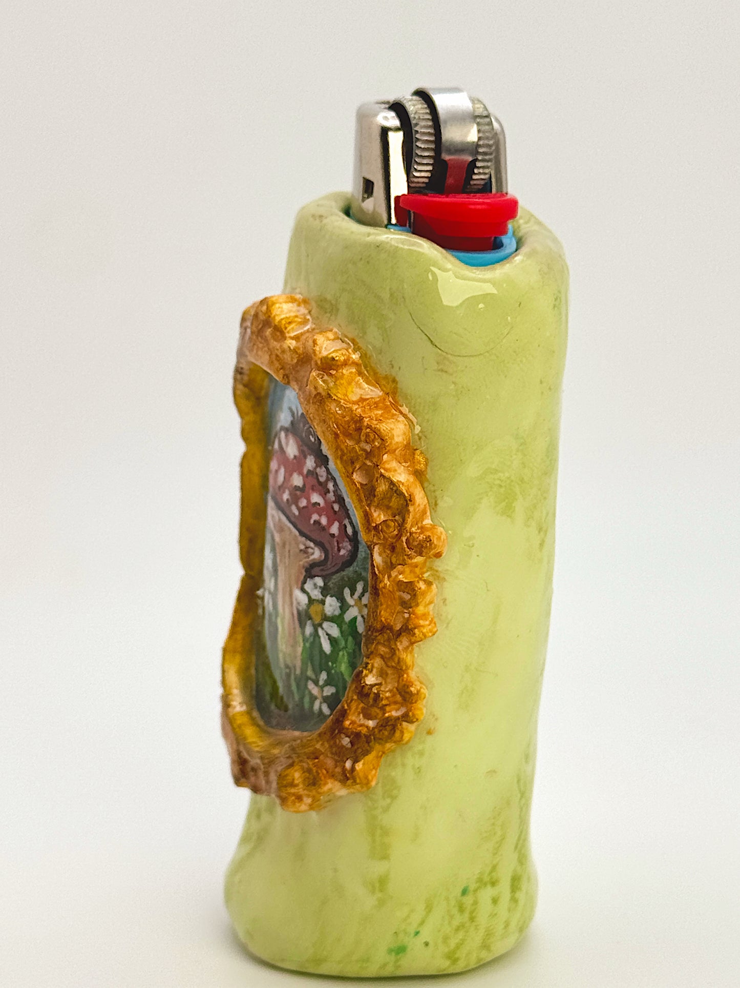 Mushroom Snail Lighter Case – Hand-Painted Woodland Scene with Vintage Frame