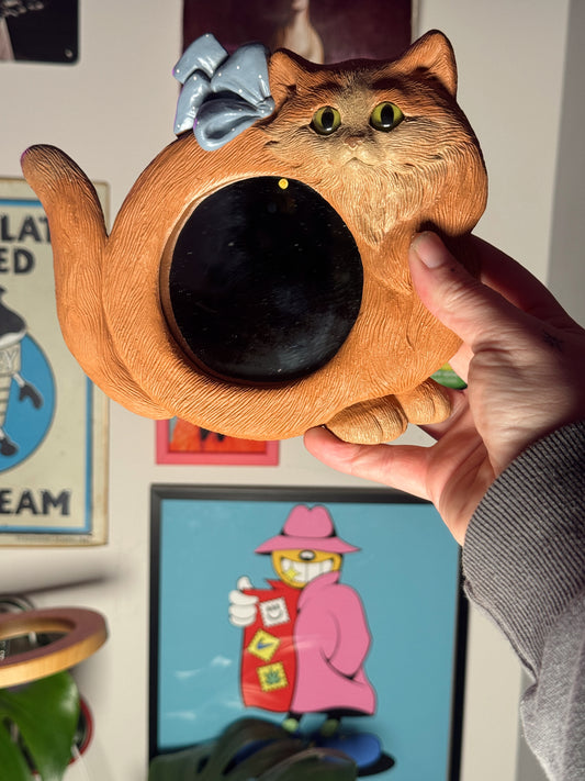 Vintage 90s Cat Wall Mirror with Blue Bow – Kitschy Cottagecore Wall Decor (7” x 6”)