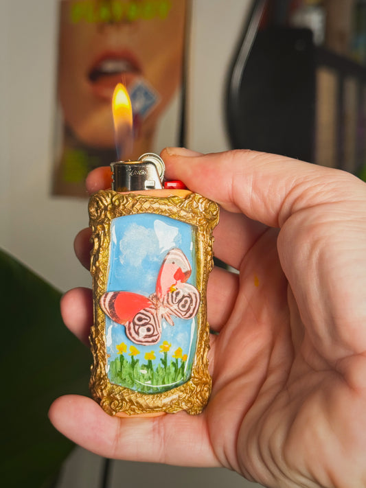 Vintage Framed Butterfly Lighter Case| Fits Standard Bic | Handmade Polymer Clay Art
