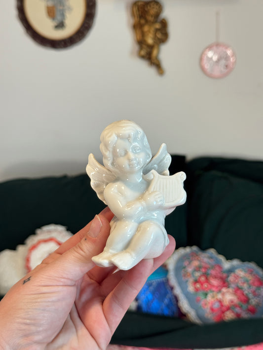 Vintage Porcelain Cherub Figurine with Lyre | Angel Valentine Decor