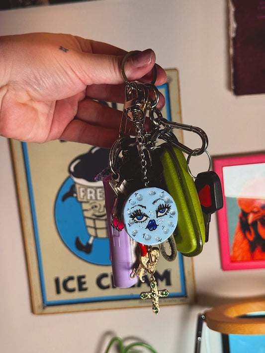 Blue Moon Face Keychain & Bag Charm – Hand-Painted Celestial Charm with Star Accent