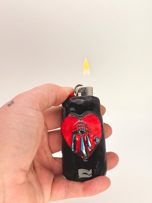 Traditional Tattoo Heart Lighter Case – Handmade Polymer Clay Lighter Cover | Red Heart with Eye Design | Unique Gift for Smokers