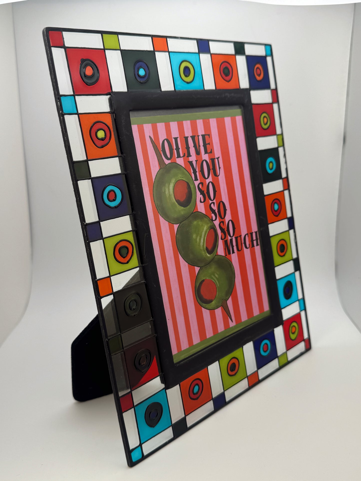 Vintage Stained Glass Picture Frame with “Olive You So Much” Art Print – 9” x 7”